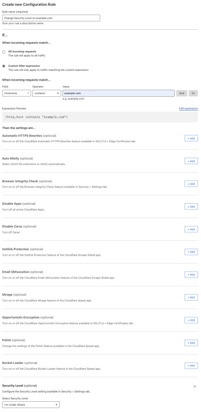 Configuration rule matching the &ldquo;Security Level > I&rsquo;m Under Attack&rdquo; setting of the example Page Rule